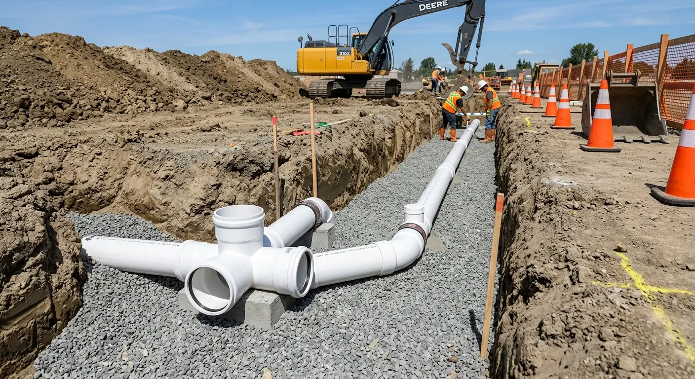 New PVC sewer pipe installation in open trench for Sewer Backup in Oak Bluffs
