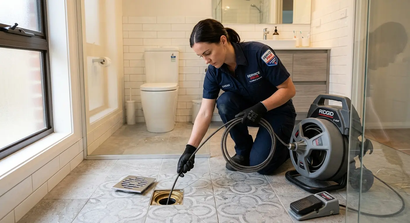 Technician clearing a bathroom floor drain for Sewer Line Replacement in Oak Bluffs